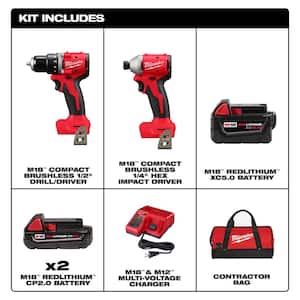 M18 18V Lithium-Ion Brushless Cordless Compact Drill/Impact Combo Kit (2-Tool) w/(2) 2.0 Ah Batteries w/5.0 Ah Battery