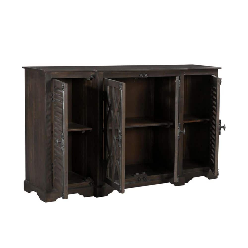 Open view of a dark brown solid wood buffet sideboard showing interior shelves.