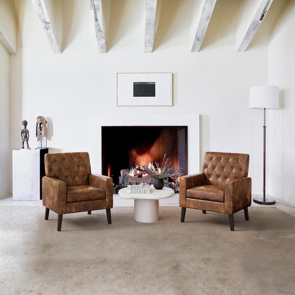 LUE BONA Athena Brown Faux Leather Accent Chair with Wood Frame