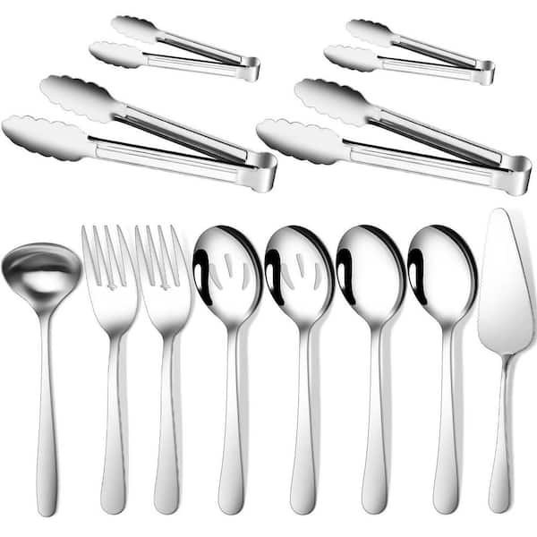 Stainless Steel Flatware Serving Sets 12-Piece Serving Set with Large Spoons, Forks, Tongs, Ladle and Cake Server