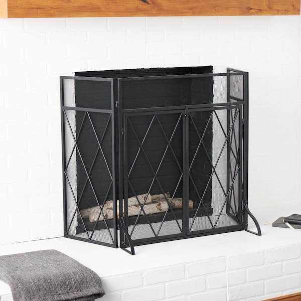 Litton Lane Black Metal Geometric Diamond 3-Panel 2 Door Fireplace ...