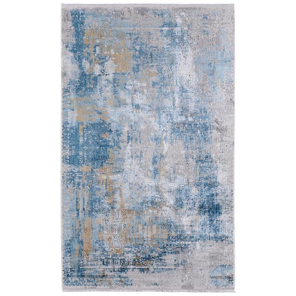 HomeRoots 7 X 10 Blue, Gold, Gray Abstract Area Rug