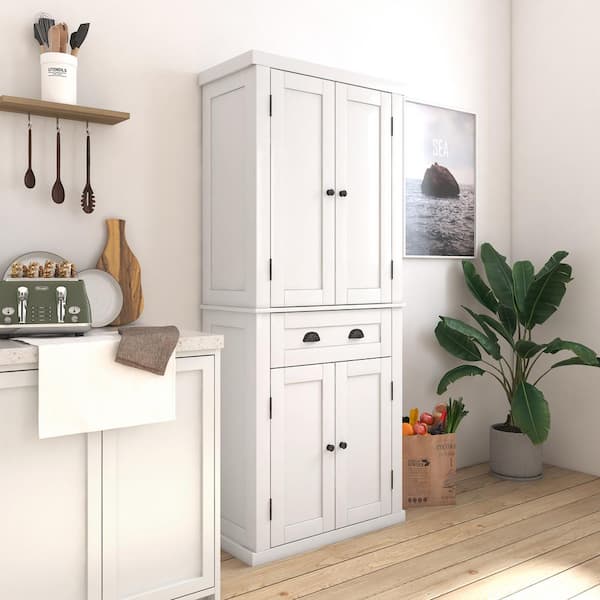 Unbranded 72 in. White Kitchen Pantry Storage Cabinet Freestanding Cupboard w/ 4-Doors and Adjustable Shelves Large Central Drawer
