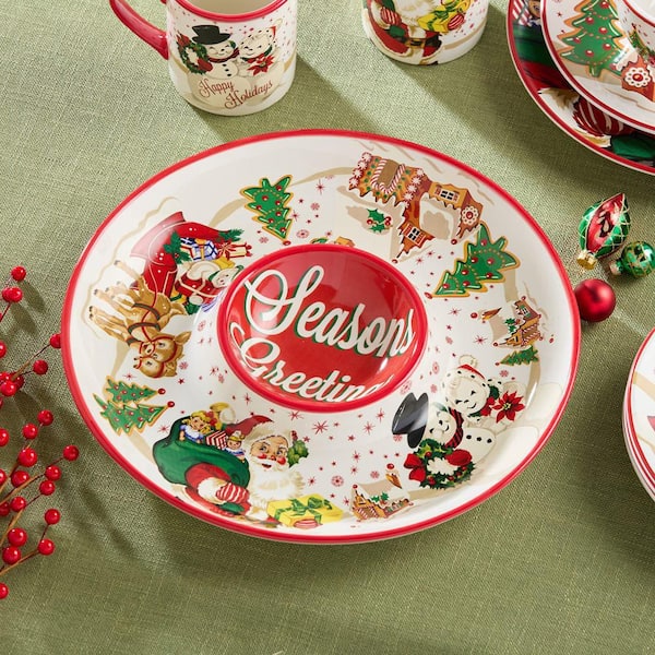 Santa's Retro Christmas 13.75 in. Assorted Colors Ceramic Chip and Dip Server