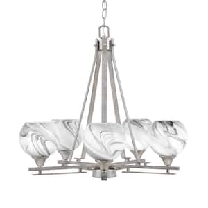 Ontario 22.75 in. 5-Light Aged Silver Geometric Chandelier for Dinning Room with Onyx Swirl Shades No Bulbs Included