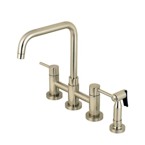 Kingston Brass Modern 2-Handle Bridge Kitchen Faucet with Side Sprayer in Brushed Nickel