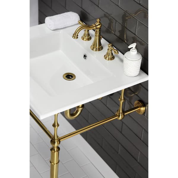 Kingston Brass Edwardian Ceramic White/Brushed Brass Console Sink Basin and  Leg Combo with Legs HKVPB25227W8BB - The Home Depot
