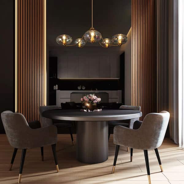 41.5 in. 5-Light Plating Brass Modern Sputnik Linear Dining Room Chandelier with Curvy Arms and Iridescent Glass Globes