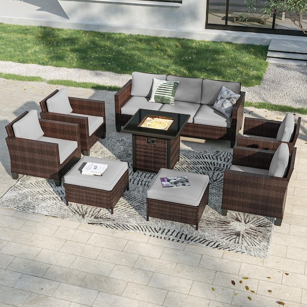 Sonkuki 8-Pieces Patio Conversation Set with Square Fire Pit Table and Ottomans, PE Brown Wicker Sofa with Gray Cushion