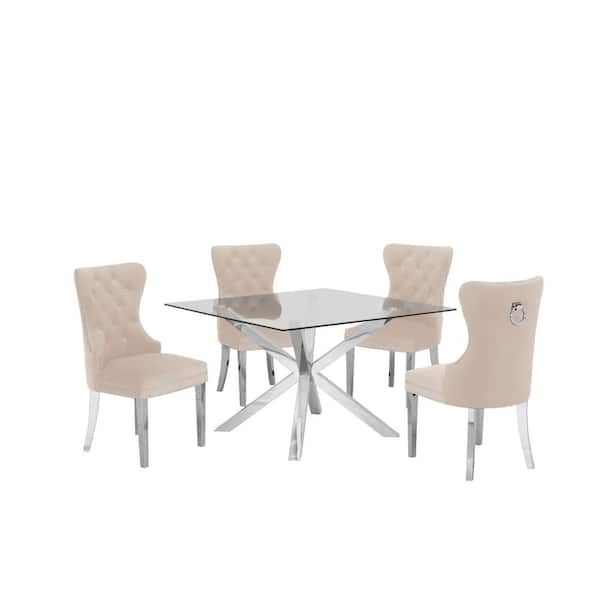 Best Quality Furniture Anitta 5-Piece Square Glass Top With Stainless Steel Base Table Set, 4 Cream Velvet Chair With Nailhead TrimandBack Ring