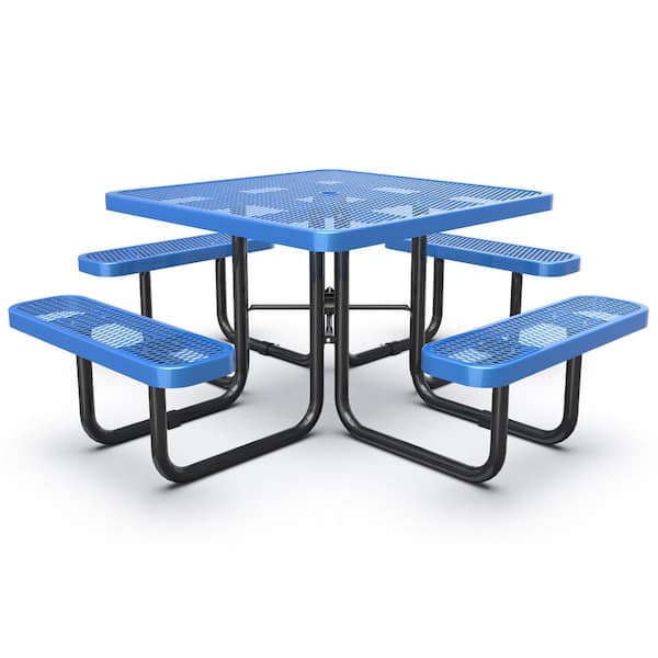 46 in. Stainless Steel Blue Square Picnic Table Seats 4 People with Umbrella Pole for Patio, Camp, School