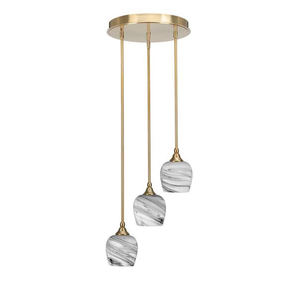 Unbranded Villa 60-Watt in. 3 Light New Age Brass Stem Pendant Light with 6 in. Onyx Swirl Glass Shade, No bulbs included