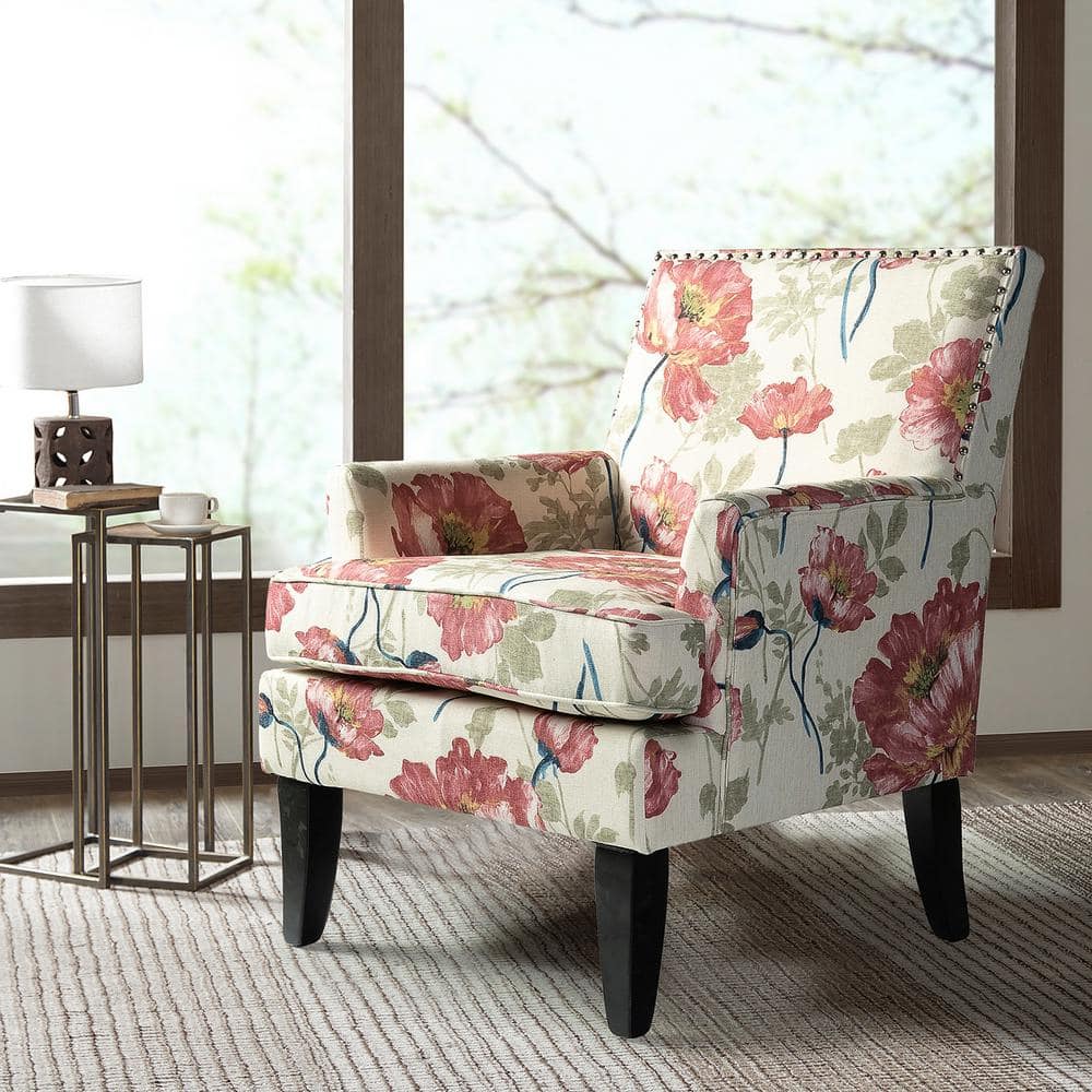 Red Floral Upholstered Accent Chair with Nailhead Trim