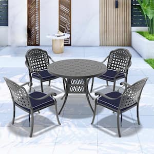 Isabella Black 5-Piece Cast Aluminum Outdoor Dining Set with Round Table and Dining Chairs and Random Color Seat Cushion