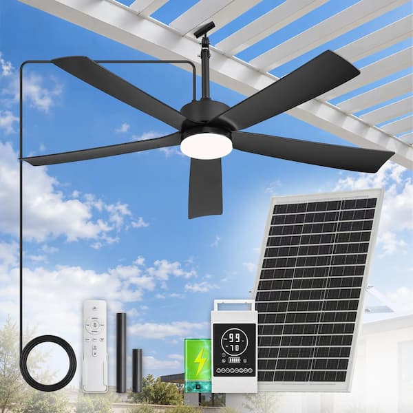 52in Standard Black Solar Portable Ceiling fan with 40W Solar Powered Fan with Remote for Patios,RV,Porch，Downrod Mount