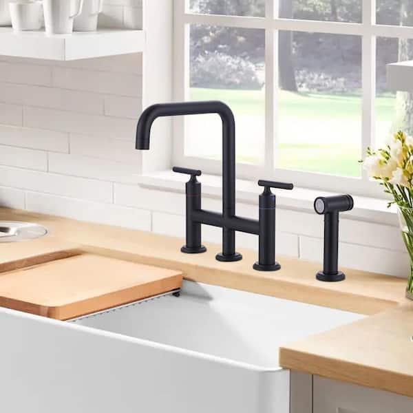 Double Handle 4-Hole High Arc Widespread Brass Bridge Kitchen Faucet with Pull Out Side Spray in Matte Black