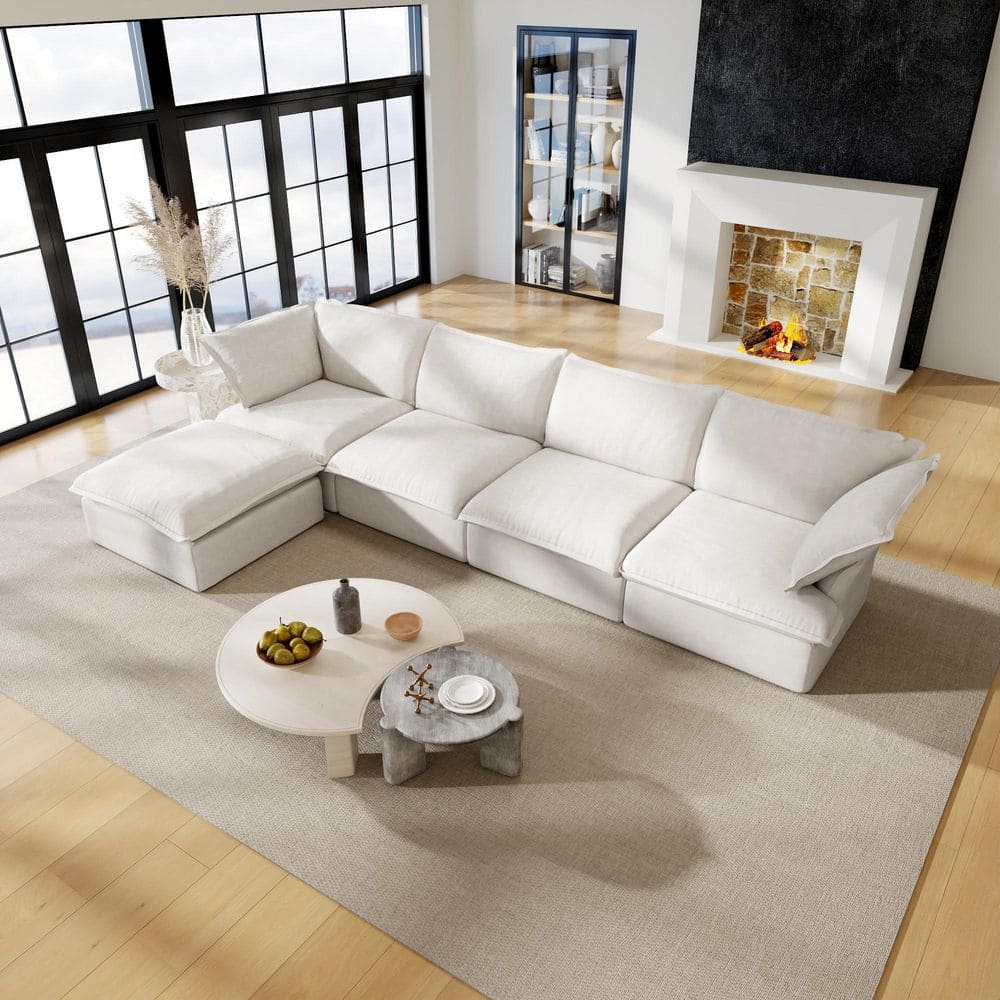 162.9 in. Flared Arm Oversized 5-Piece Linen Feather Modular Sectional Sofa with Storage Ottoman in White 5-Pieces