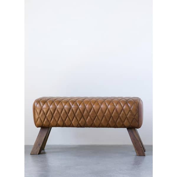 Storied Home Brown Stitched Leather and Wood Bench