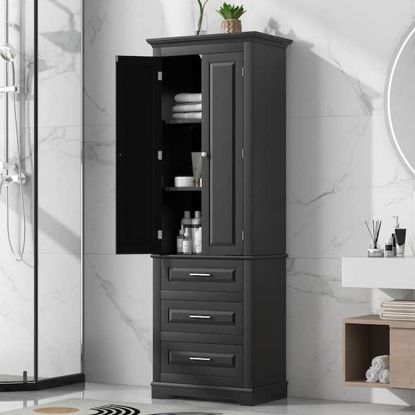 FUNKOL 15.7 in. W x 24 in. D x 70 in. H Ready to Assemble Floor Base Kitchen Cabinet in Black with 2 Doors and 3 Drawers