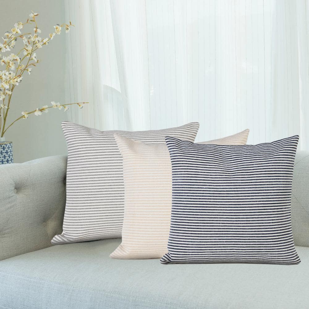 Coastal Off-White and Gray Striped Cotton 20" Square Throw Pillow