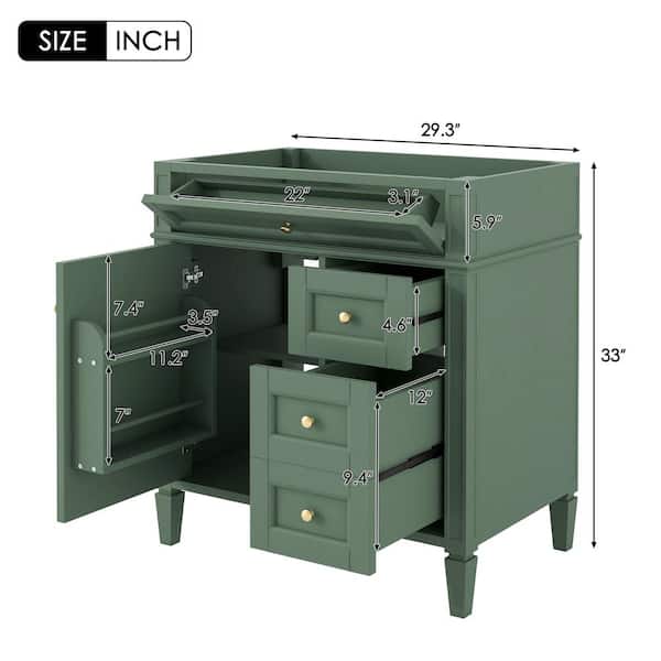 FUNKOL 29.3 x 17.87 x 33 In. White MDF Vertical Bath Cabinet with 3 Drawers and 1 Soft Close Door, Top Sink Not Included