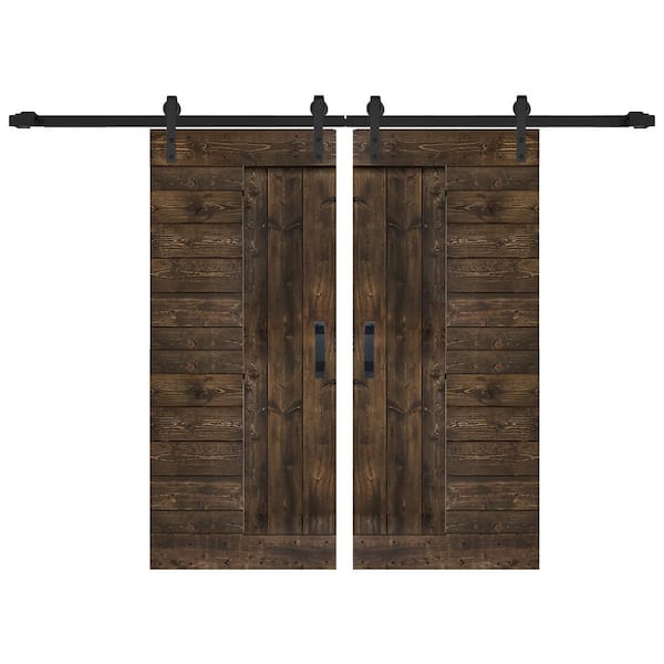ISLIFE L Series 72 in. x 84 in. Kona Coffee Finished Solid Wood Double Sliding Barn Door with Hardware Kit - Assembly Needed