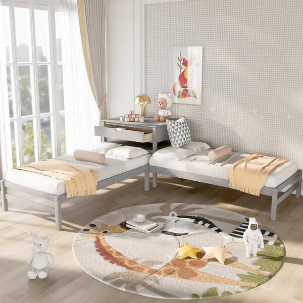 Qualler Gray Twin Size L-Shaped Platform Beds with Drawer and Built-in Table