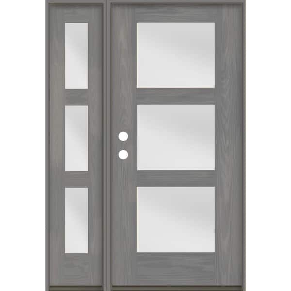 Krosswood Doors Modern 50 in. x 80 in. 3-Lite Right-Hand/Inswing Satin Etched Glass Malibu Grey Stain Fiberglass Prehung Front Door/LSL