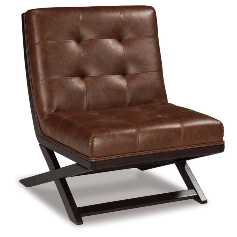 Traditional Brown Faux Leather and Wood Accent Chair