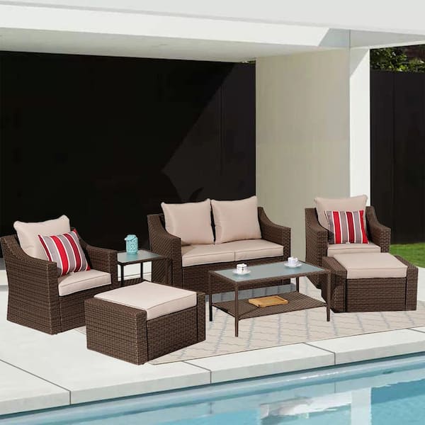 SUNVIVI 7-Piece Wicker Patio Conversation Set with Beige Cushions