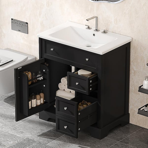 30 in. W x 18.3 in. D x 34 in. H Single Sink Freestanding Bath Vanity in Black with White Ceramic Top