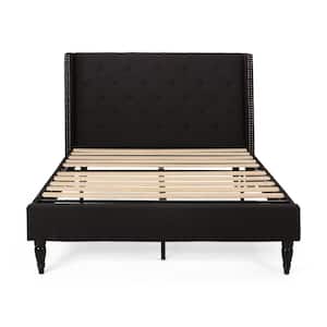 Tourmaline Traditional Queen-Size Black Fully Upholstered Bed Frame with Button Tufting and Nailhead Accents