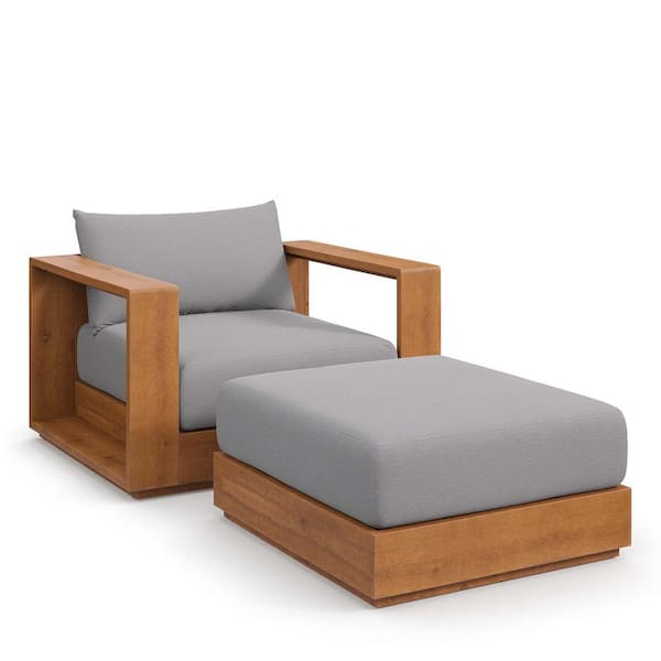 Tahoe Outdoor Patio Acacia Wood 2-Piece Armchair and Ottoman Set in Natural Light Gray