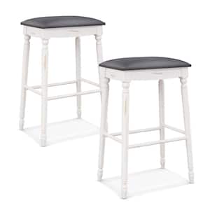 29 in. White and Gray Wood Bar Stool with Faux Leather Seat (Set of 2)