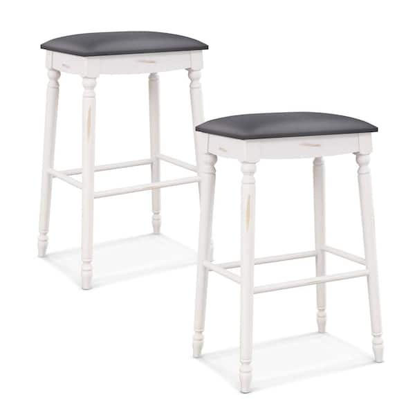 Costway 29 in. White and Gray Wood Bar Stool with Faux Leather Seat (Set of 2)