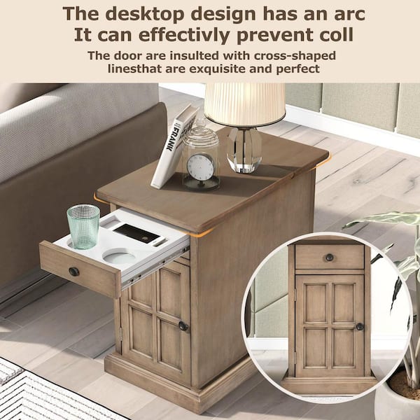 14 in. Brown Rectangle Solid Wood End Table Side Table with USB