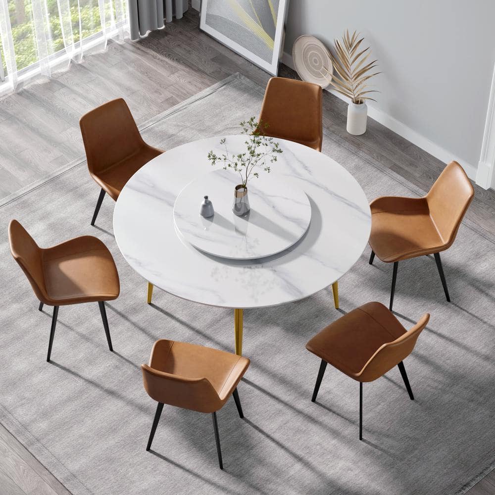 53.15 in. Circular Sintered Stone Tabletop Kitchen Dining Table with Lazy Susan with 4 Gold Metal Legs (6 Seats) -  Magic Home, MH-DTT16G-DTL3B