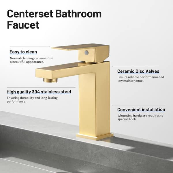 Square Single Handle Single Hole Bathroom Faucet with Supply Line in Brushed Gold