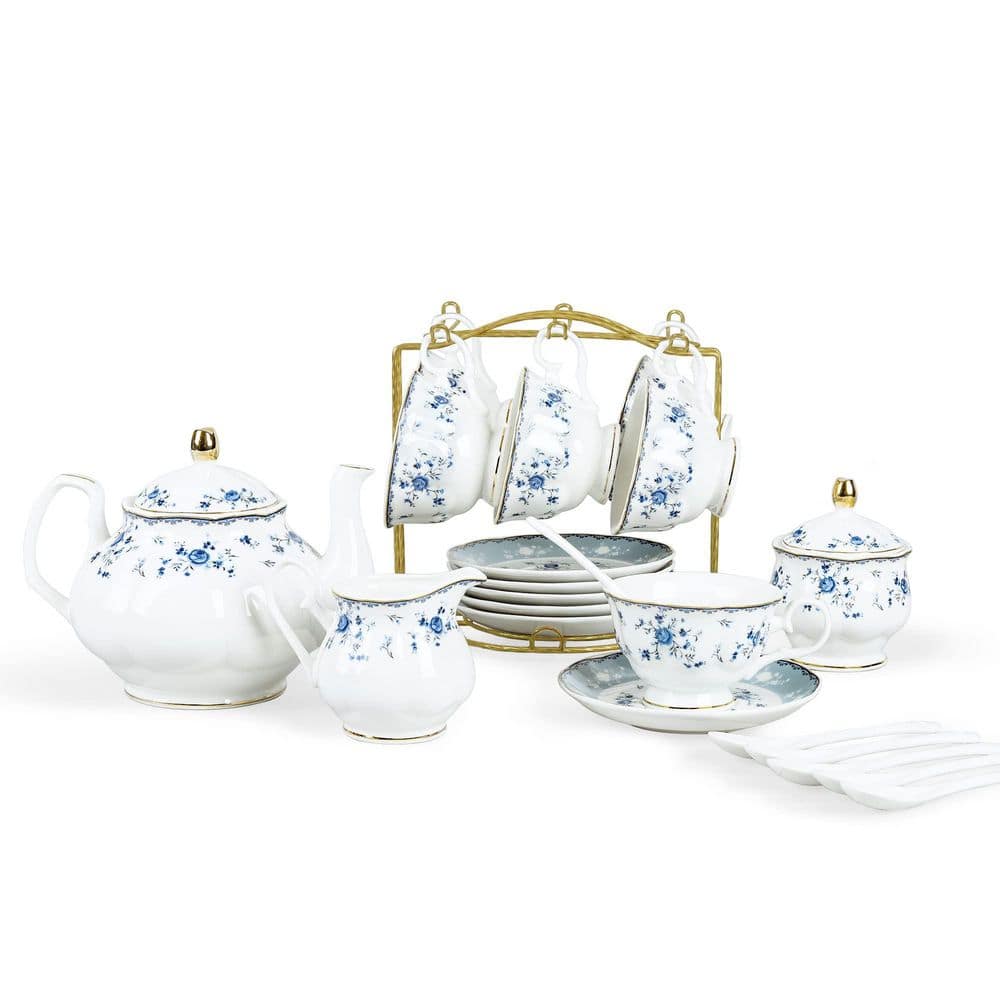 15 Piece Blue Rose Porcelain Tea Set with Gold Trim, Pumpkin Shape, Floral Style, Dishwasher Safe, Tea Party price history on PriceWatchPro