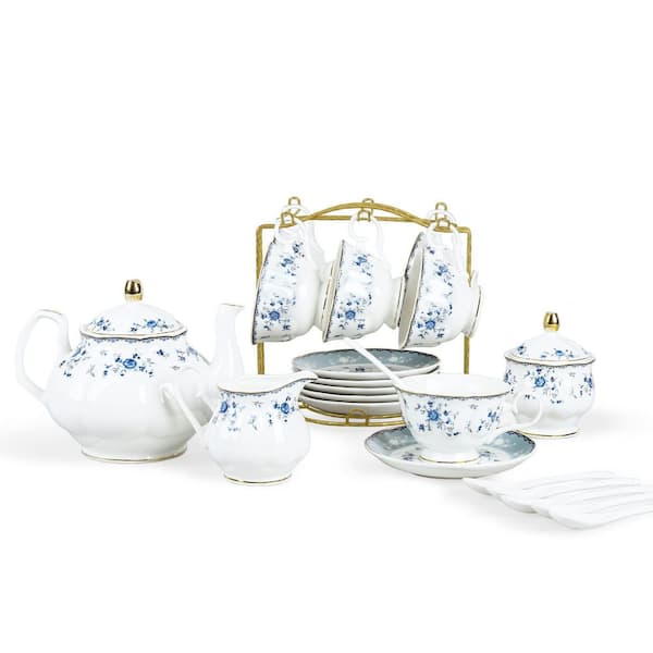 Accent Plate Ceramic 15-Piece Blue Rose Porcelain Tea Set with Gold Trim, Pumpkin Shape, Floral Style, Dishwasher Safe