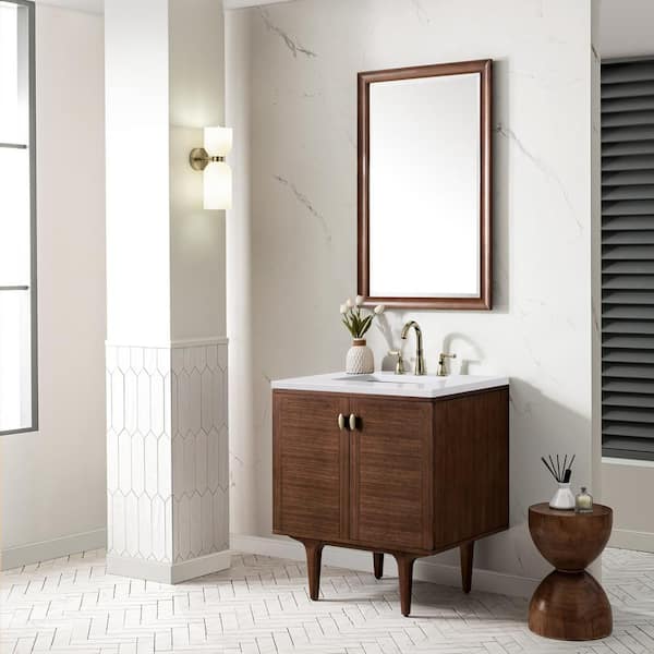 James Martin Vanities Amberly 30.0 in. W x 23.5 in. D x 34.7 in. H Bathroom Vanity in Mid-Century Walnut with White Zeus Quartz Top
