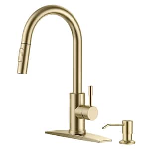 Single Handle Pull Down Sprayer Kitchen Faucet with Deckplate and Soap Dispenser in Gold