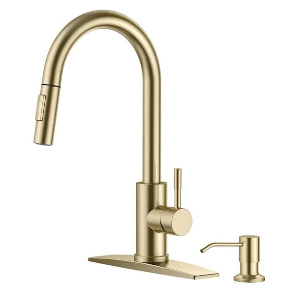Unbranded Single Handle Pull Down Sprayer Kitchen Faucet with Deckplate and Soap Dispenser in Gold