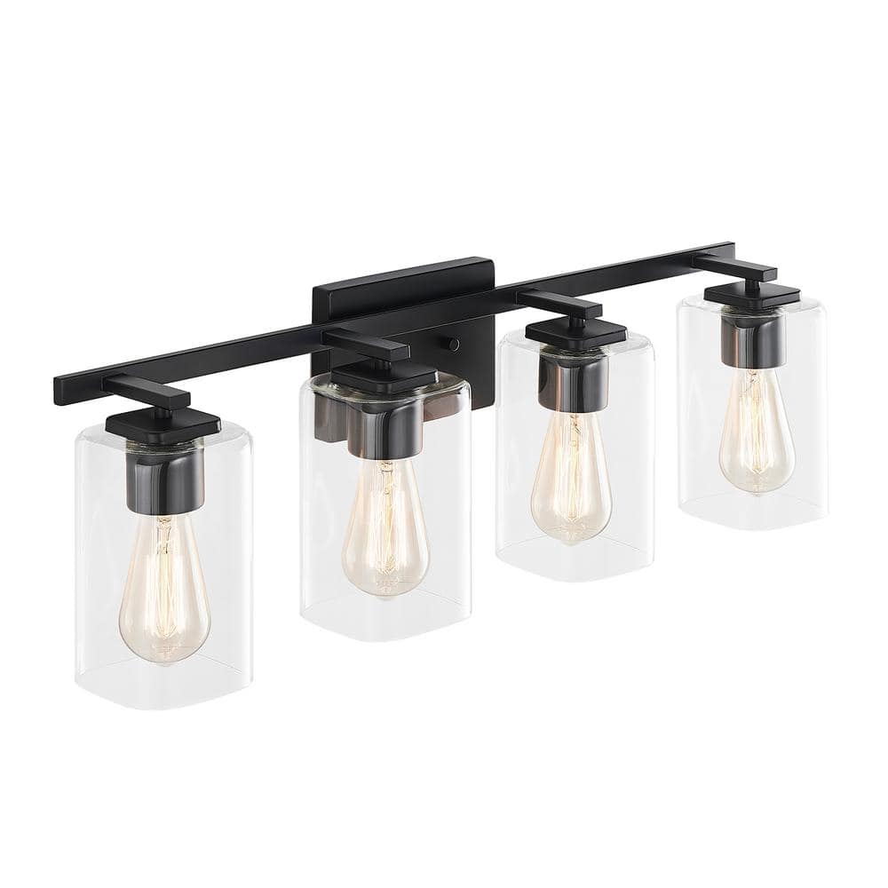 KAWOTI 29 in. 4-Light Black Bathroom Vanity Light with Rectangle Glass ...