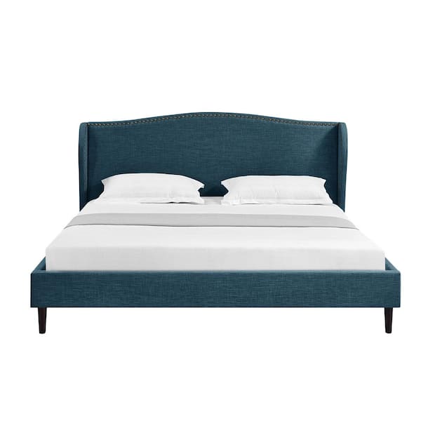 Rustic Manor Knight Blue Wood Frame King Size Platform Bed With Nailhead Trim