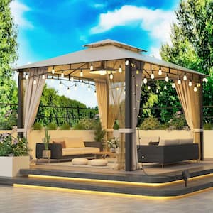 12 ft. x 10 ft. Light Brown Double Canopy Galvanized Steel Gazebo with Netting and Curtains