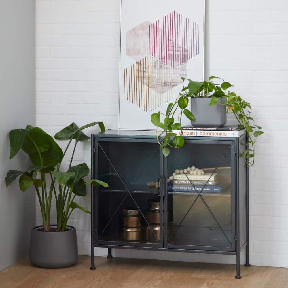 Black Metal Geometric Cabinet with Glass Panels