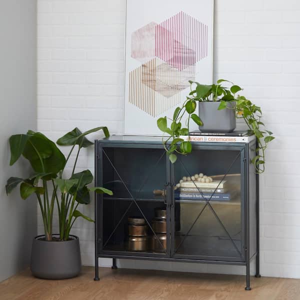 Litton Lane 33 in. W Black Metal Geometric Cabinet with Glass Front Panels