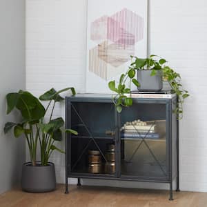 33 in. W Black Metal Geometric Cabinet with Glass Front Panels