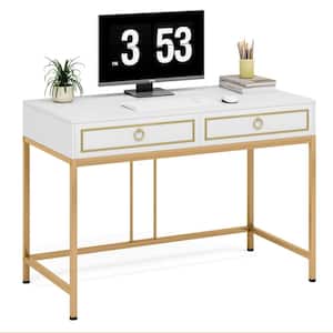 Ellie 39.4 in. Width White Gold 2 Storage Drawers Computer Desk Makeup Vanity Console Study Writing Table Home Office